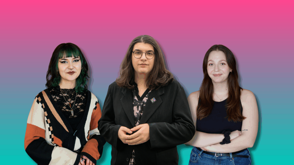 Montage med foton på Max Sjöquist, Elias Fjellander och Lina Lodenius mot en rosa och turkos bakgrund.