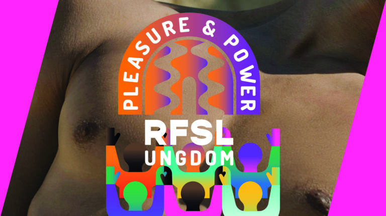 Colorful circular logo with the words 'Pleasure & Power' around the arc and 'Resilient Kingdom' below, over a vibrant collage of figures on a tan background.