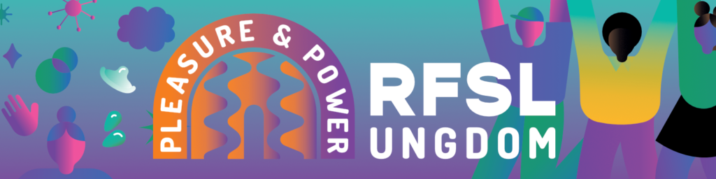 Colorful gradient banner for RFSL Ungdom featuring an orange curved gateway with 'PLEASURE & POWER' and white 'RFSL UNGDOM' text, with celebratory silhouettes in the background.