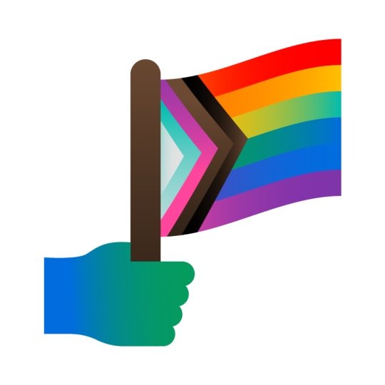En hand i blått och grönt som håller i progress prideflaggan.