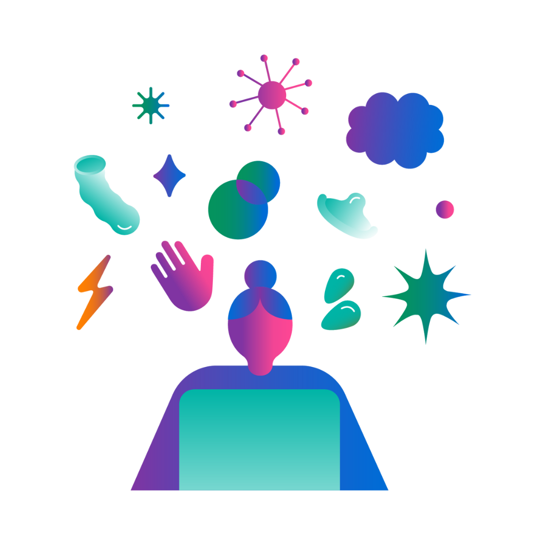 En figur i lila, blått och rosa framför en turkos dataskärm. Runt den är stjärnor, virus, tankebubbla, inidom, romb, överlappande cirklar, kondom, blixt, hand och droppar i grönt, blått, lila, rosa, turkos, vitt och orange.