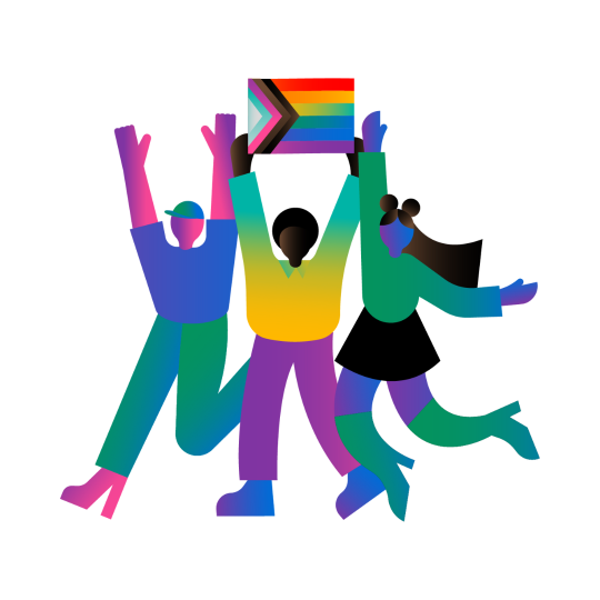 Tre figurer i regnbågens färger som håller i progress prideflaggan.