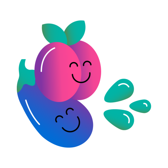 En persika och en aubergine i rosa, lila, blått, turkost och vitt rör vid varandra och ler. Ur dem kommer tre droppar i turkos, grönt och vitt.