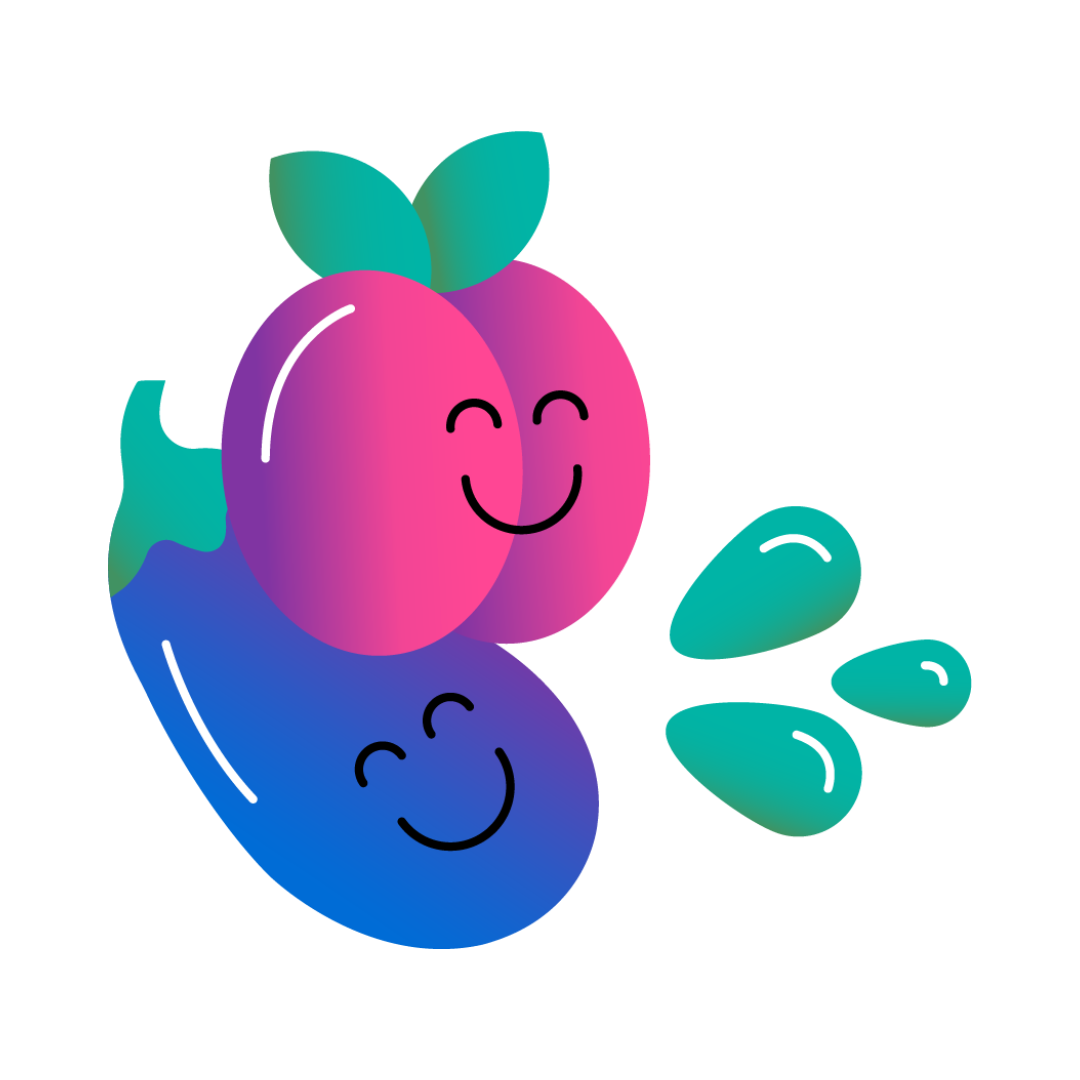 En persika och en aubergine i rosa, lila, blått, turkost och vitt rör vid varandra och ler. Ur dem kommer tre droppar i turkos, grönt och vitt.