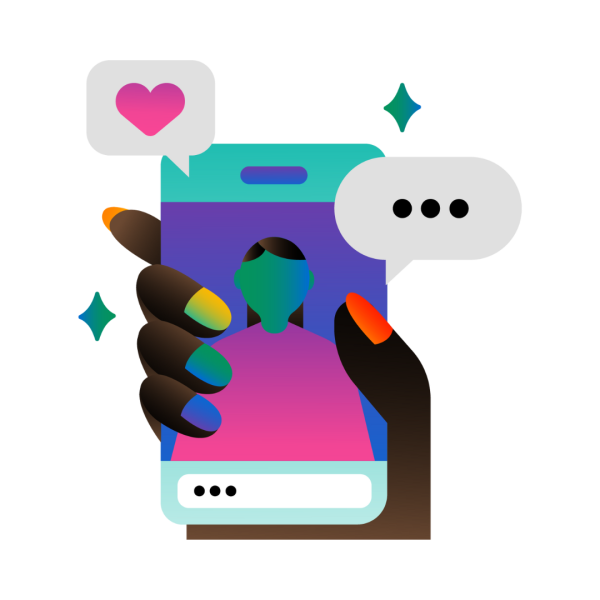 En hand i brunt och svart med naglar i regnbågens färger håller en smartphone i turkos och ljusgrått. Skärmen visar en figur i grönt, blått, svart, brunt, lila och rosa. Runt den är två romber i grönt och blått och två pratbubblor i ljusgrått. Den ena pratbubblan har ett hjärta i rosa och lila och en har tre svarta punkter.