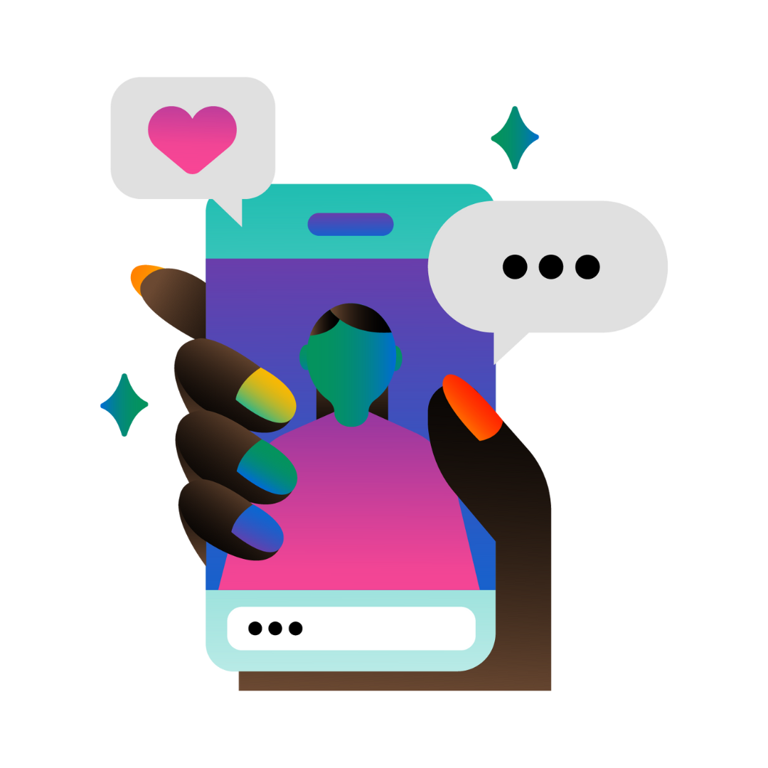 En hand i brunt och svart med naglar i regnbågens färger håller en smartphone i turkos och ljusgrått. Skärmen visar en figur i grönt, blått, svart, brunt, lila och rosa. Runt den är två romber i grönt och blått och två pratbubblor i ljusgrått. Den ena pratbubblan har ett hjärta i rosa och lila och en har tre svarta punkter.