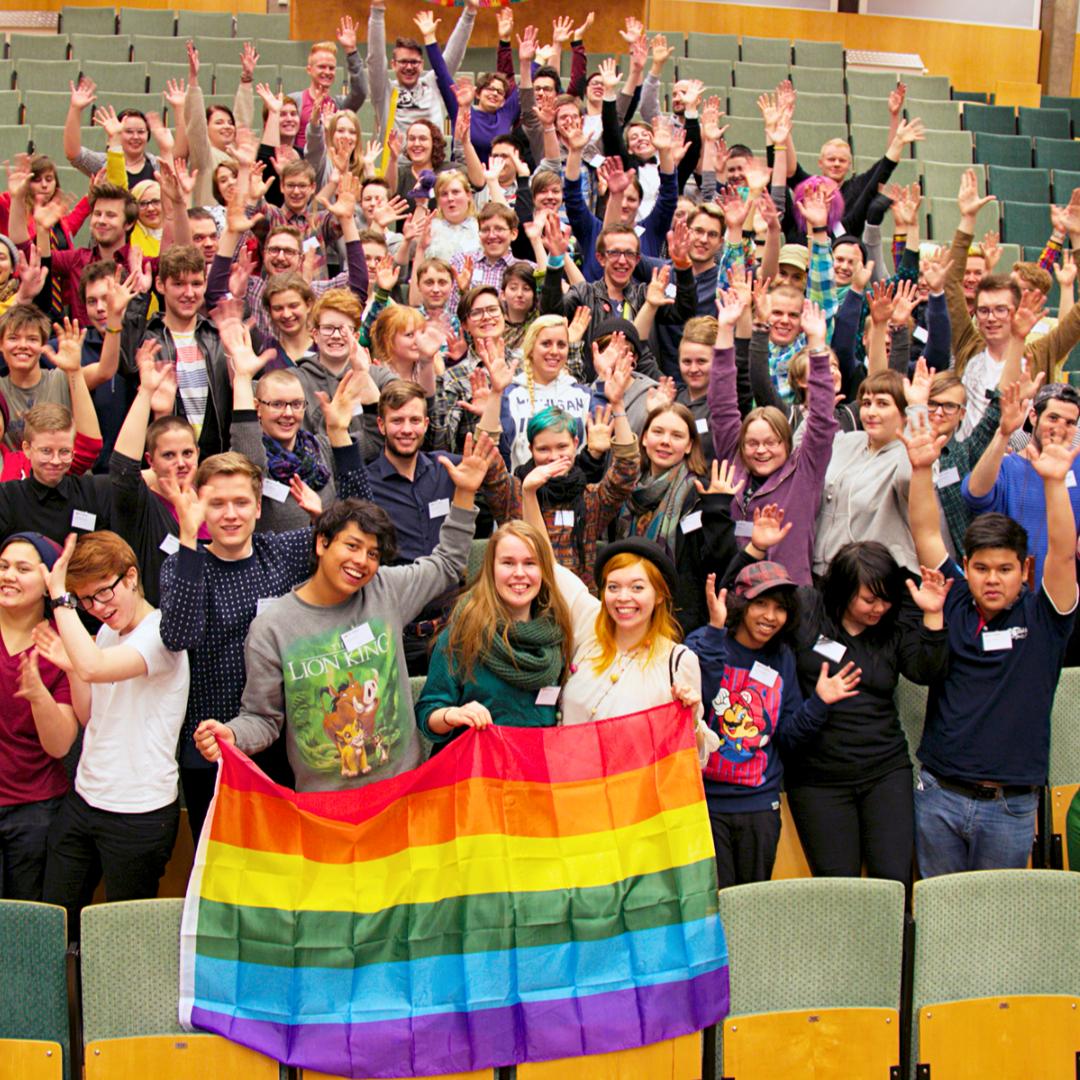 Gruppfoto på deltagare från vår kongress 2014. Alla står i stolsrader, håller upp händerna och ser glada ut. Några deltagare längst fram håller upp en regnbågsflagga.