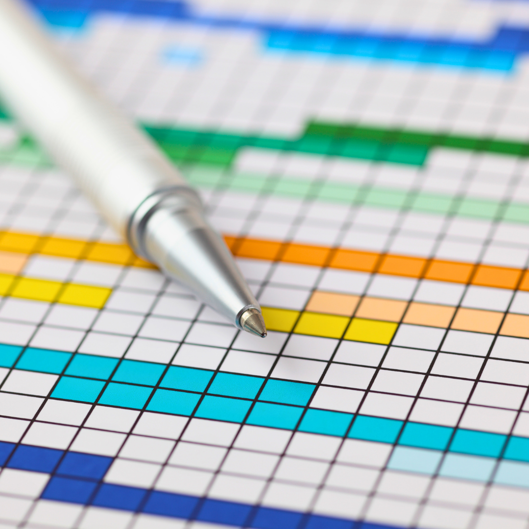 Närbild på en kulspetspenna som ligger på ett GANTT-schema.