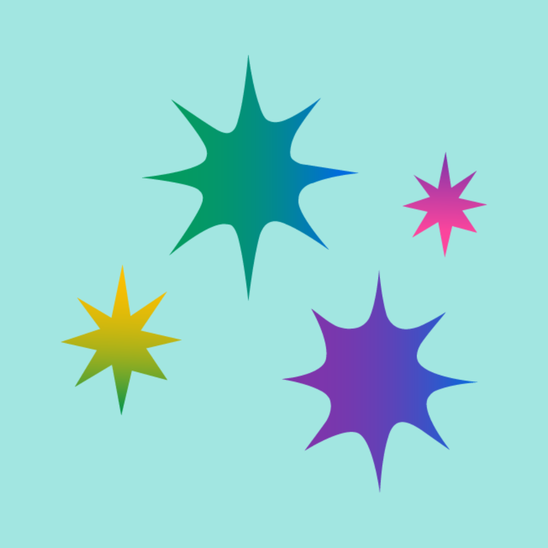 Fyra stjärnor i grön, blå, lila, rosa och gul färg mot en ljusgrön bakgrund.