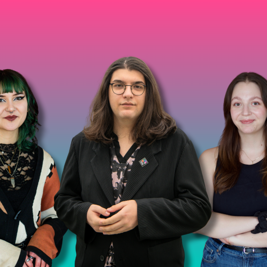 Montage med foton på Max Sjöquist, Elias Fjellander och Lina Lodenius mot en rosa och turkos bakgrund.